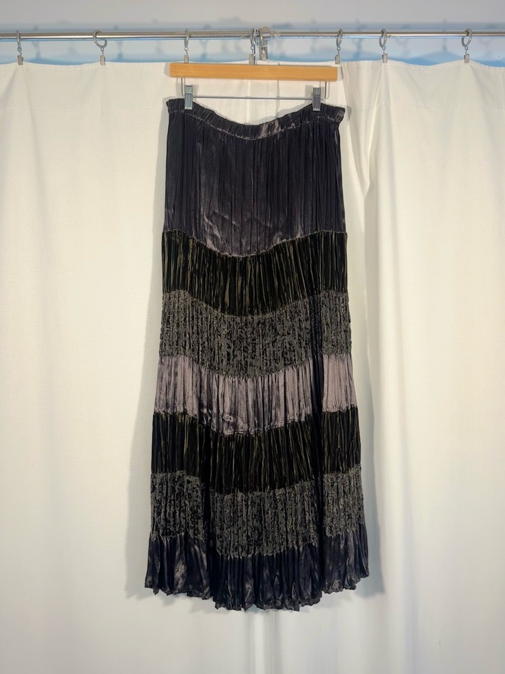 Vintage Lucia Lukken Sage Green Tiered Patchwork Maxi Skirt